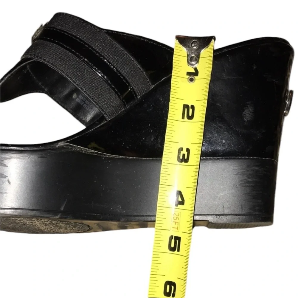 BCBG  size 9.5 black patent leather platform wedges canvas strap silver detail